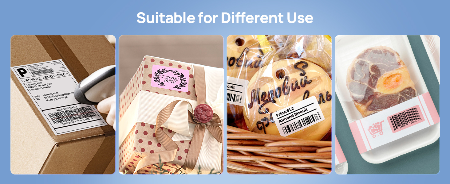 Four product packaging photos showing different retail items in boxes and containers, demonstrating various packaging and labeling examples.