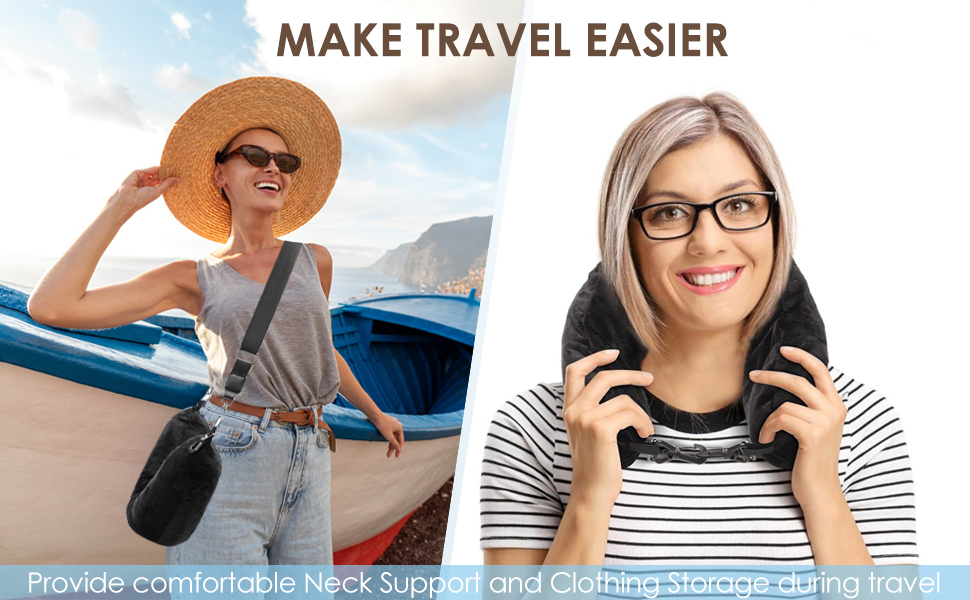 sur un produit de confort de voyage présentant deux scénarios : les voyages en plein air avec un chapeau de soleil et une utilisation en intérieur avec un produit de soutien pour la nuque.