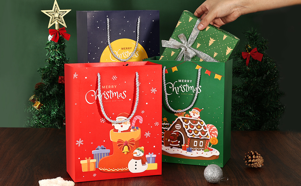 4 Pack Christmas Gift Bags, 9.6"x7.6"x3.7" Christmas Bags, Gift Bags