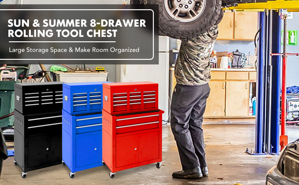 SUN & SUMMER 8Drawer Rolling Tool Chest with Wheels Tool