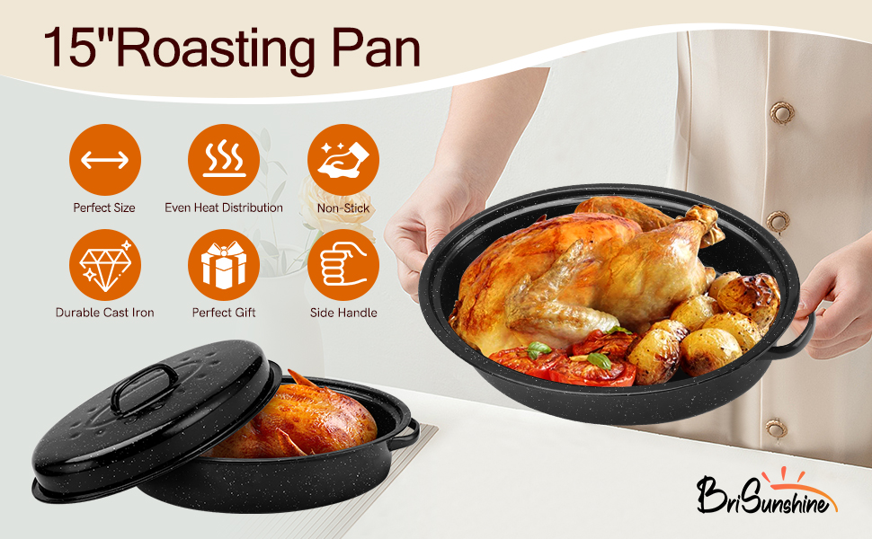BriSunshine Roasting Pan with Lid 15” Enameled Roaster Pan Oval Turkey