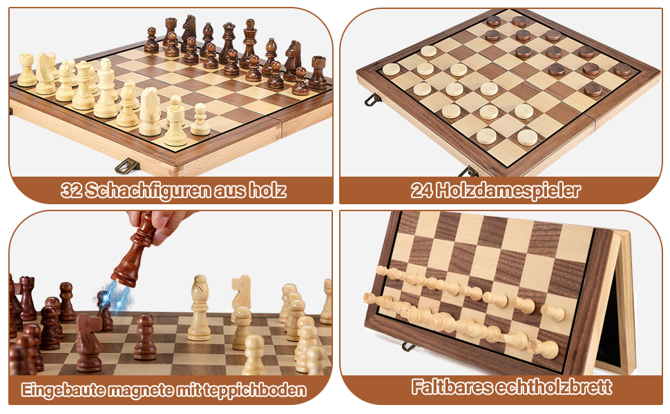Four-panel image showing wooden chess/checkers combination set. Features folding board, carved wooden pieces, and gameplay demonstrations from multiple angles.