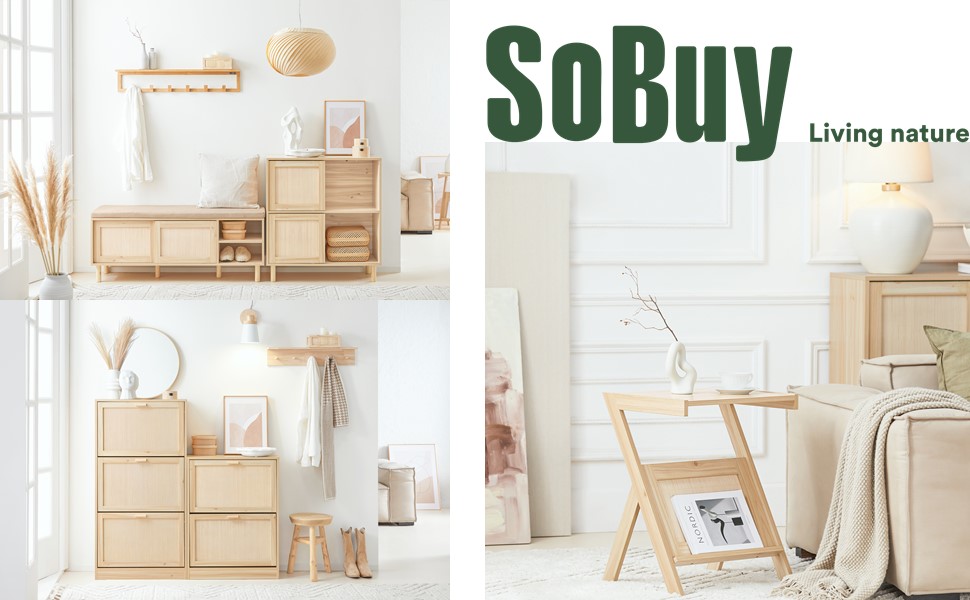 Zwei Innenraumszenen mit hellen Holzmöbeln. Regale, Tische und Aufbewahrungsboxen im minimalistischen Stil. Textüberlagerung „SoBuy Living Nature