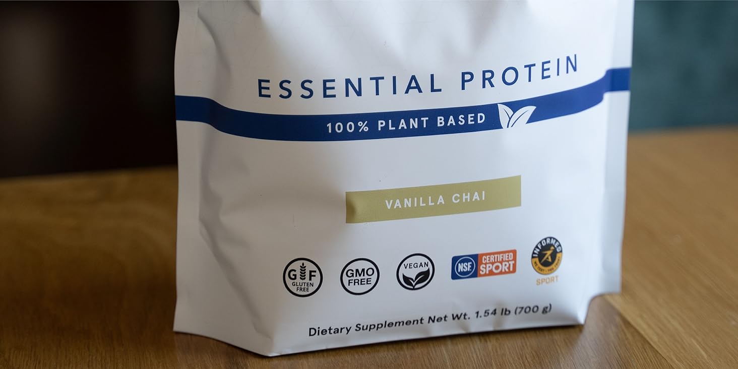 essential protein plant based bag on wooden surface