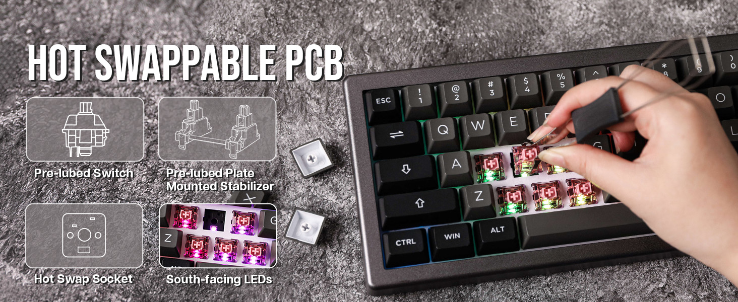 EK68 65% Wireless Gaming Keyboard, Hot Swappable