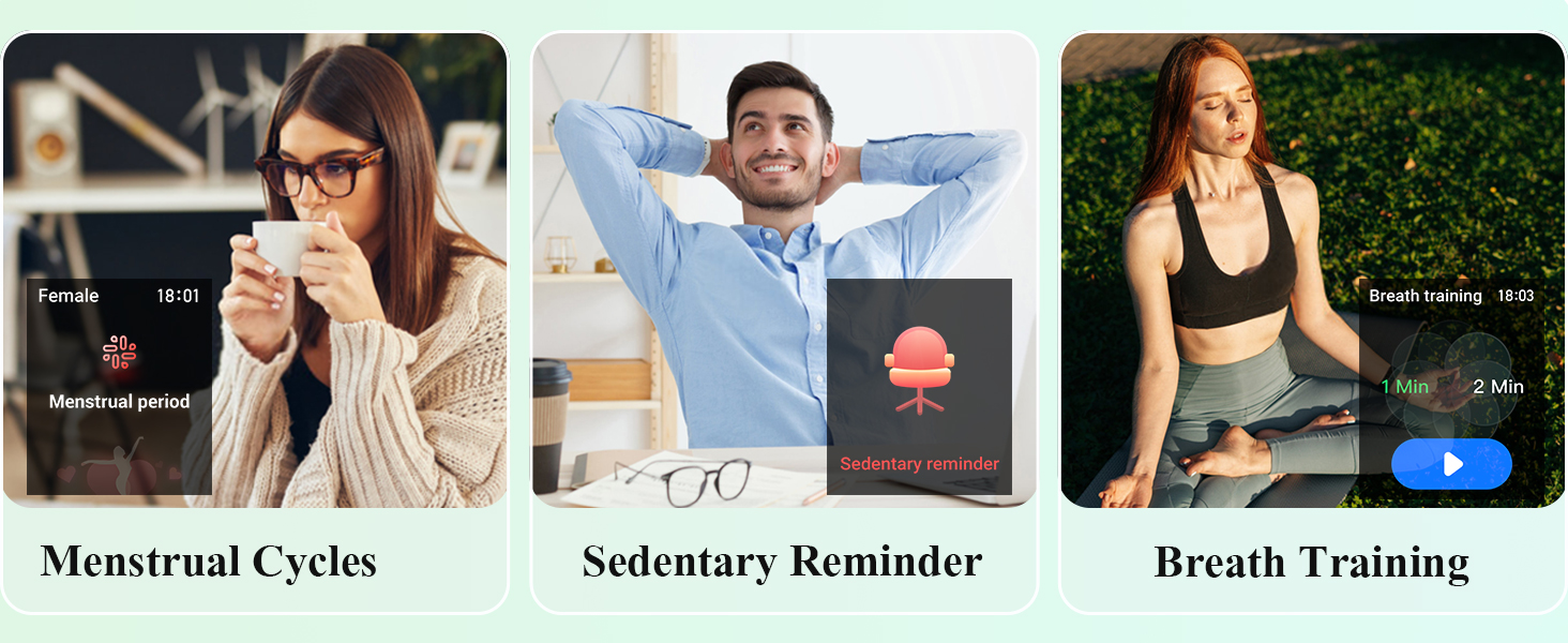 Three-panel image showcasing smartphone app features: Menstrual Cycles tracking, Sedentary Reminder, and Breath Training exercises.