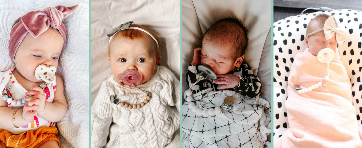 Babies using the pacifier clip Ali+Oli