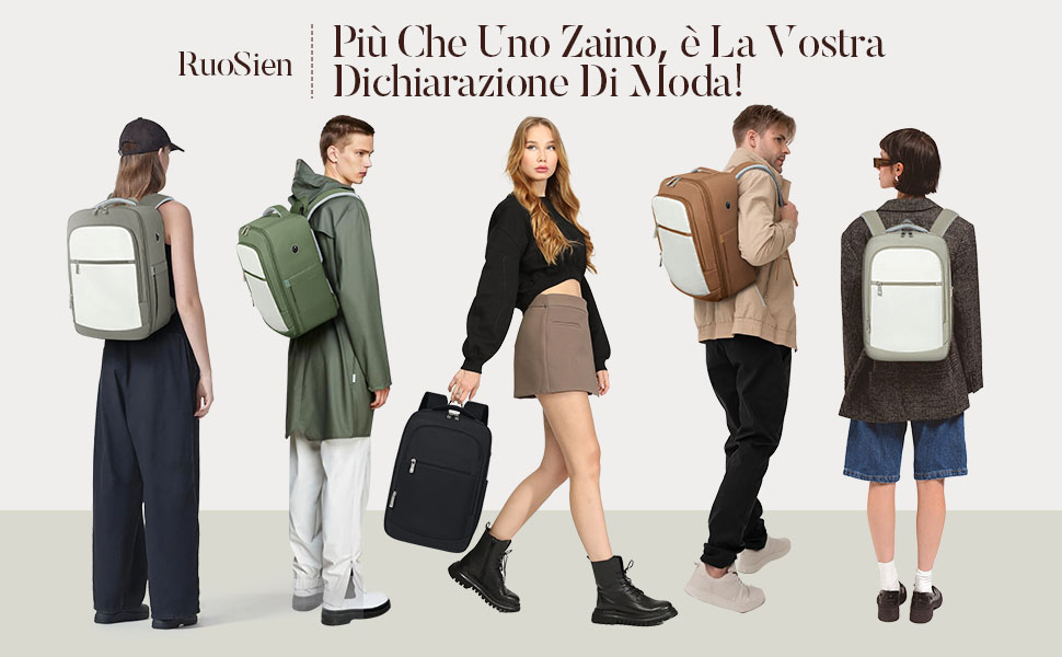 Cinq personnes portant des vêtements décontractés et des sacs à dos de styles variés. Debout devant un fond blanc avec texte italien au-dessus.