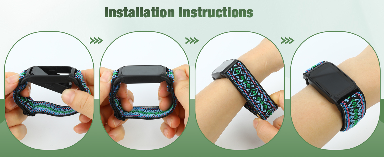 Installation instructions shown in circular icons demonstrating step-by-step process for applying what appears to be a protective film or covering.