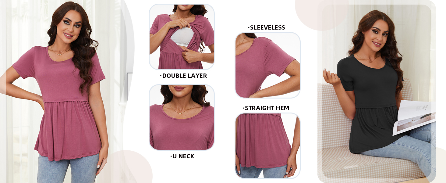Sosolism Women's Maternity Nursing Tops for Breastfeeding Short Sleeve Peplum Pregnancy Clothes