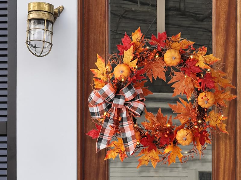 pre lit lighted led pumpkin fall colors leaves autumn orange red brown black trick or treat door