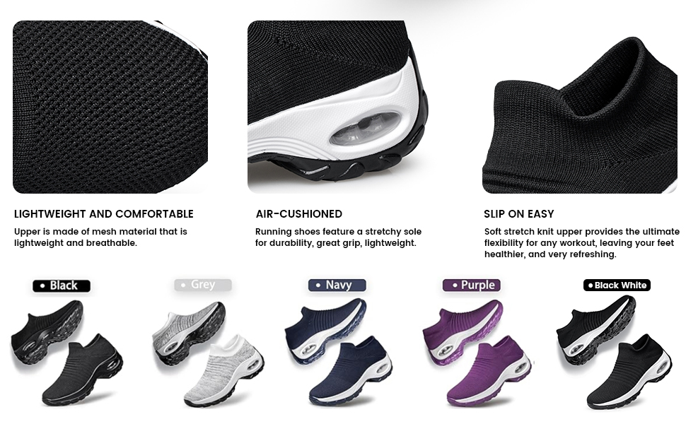 Slip-on sneakers with air-cushioned soles, breathable mesh upper, and flexible design. Available in black, white, navy, purple, and black/white. Close-ups show textured fabric and cushioned heel.