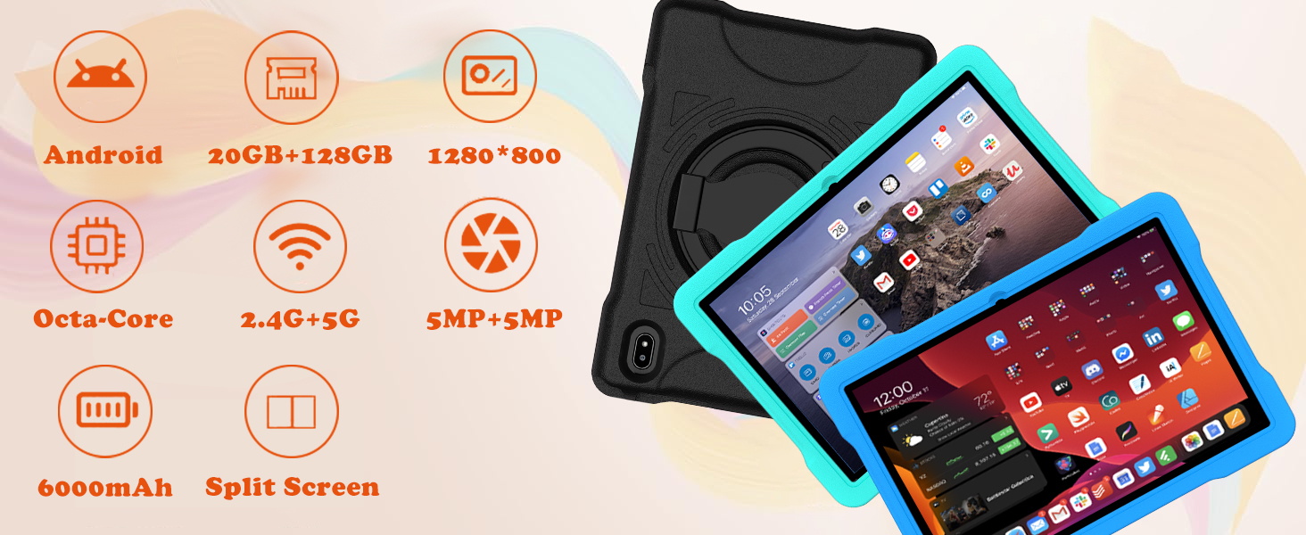 Anzeige der technischen Benutzeroberfläche mit mehreren Symbolen für Gerätefunktionen wie Android, Octa-Core und verschiedene Verbindungsoptionen, die kreisförmig vor hellem Hintergrund angeordnet sind.