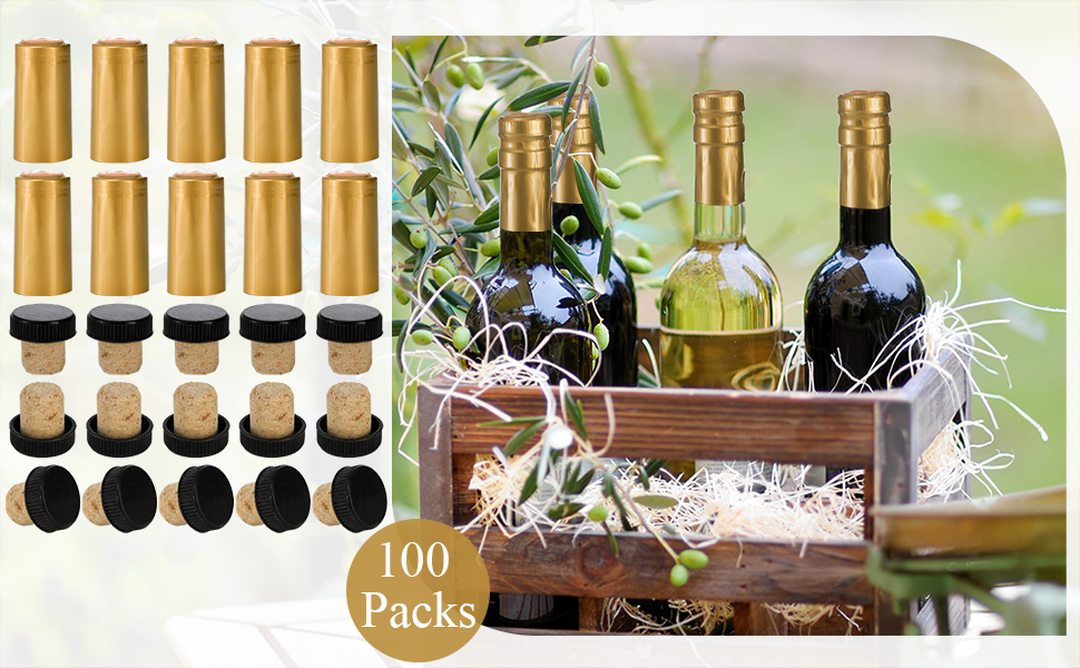 Fasmov 100 Pack Wine Bottle Cork Stopper with Black Plastic Top, 100 Pack Gold PVC