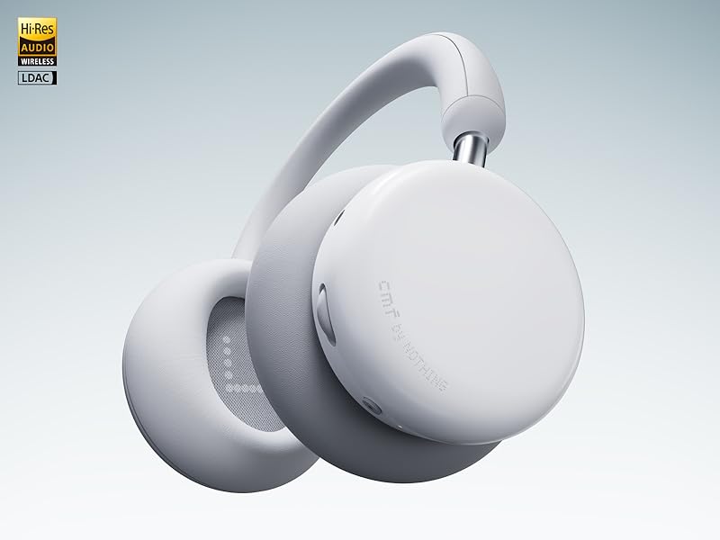 White wireless earbuds shown from multiple angles against light blue gradient background, displaying product design details.