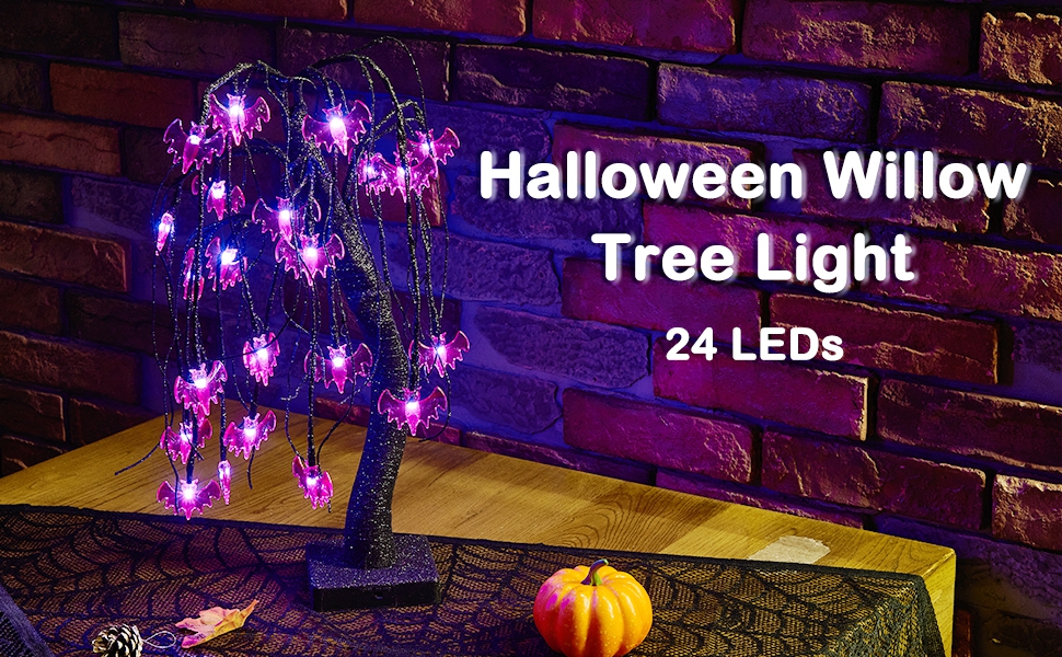 Brwoynn 18 Inch Halloween Willow Tree with 24 LED Lights