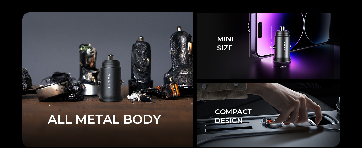 Compact metal body car chargers displayed in dark setting, highlighting all-metal construction and mini size design features.