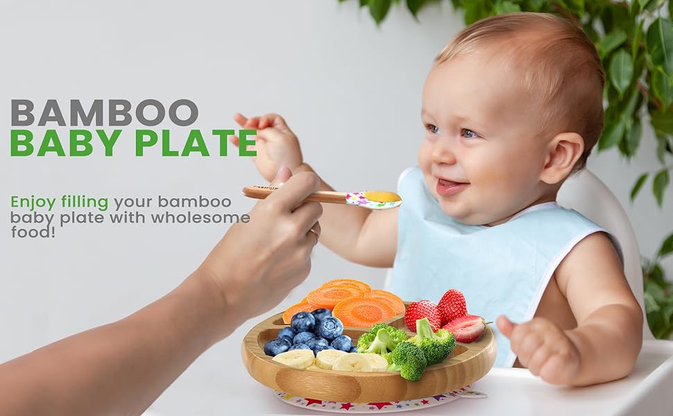 Round Bamboo Baby Plate;Wooden Toddler Plate;Stay Put Feeding;BPA-Free