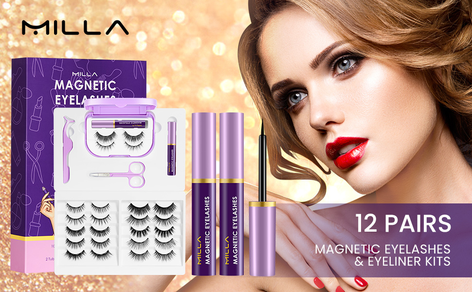 MILLA magnetic eyelashes with eyeliner kit, contains 12 pairs eyelashes, 2 tubes eyeliner.