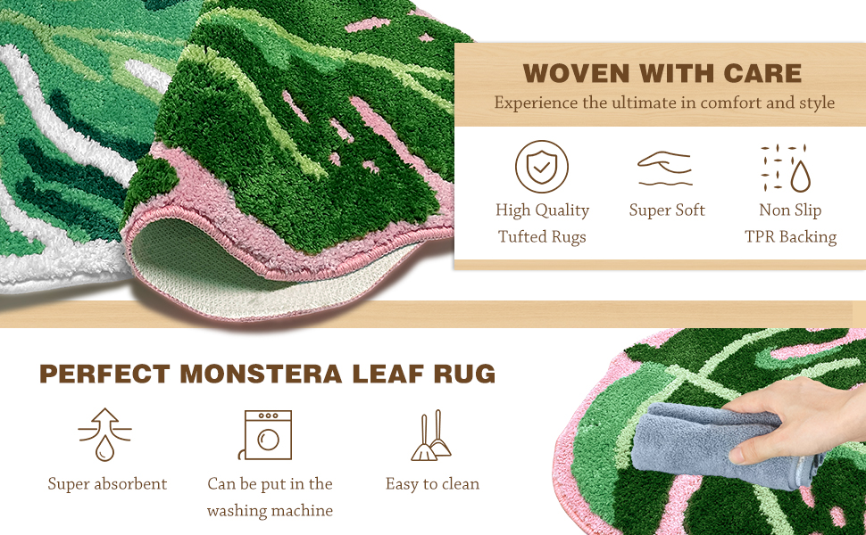 Sisher Pink Monstera Rug Non Slip Bath Mat Cute Bathroom