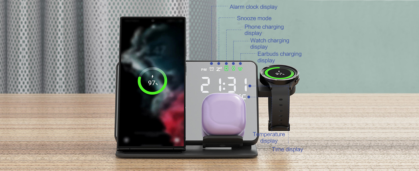 Wireless Charging Station, BRIMFORD 4 in 1 Fast Charging Station with Digital Alarm