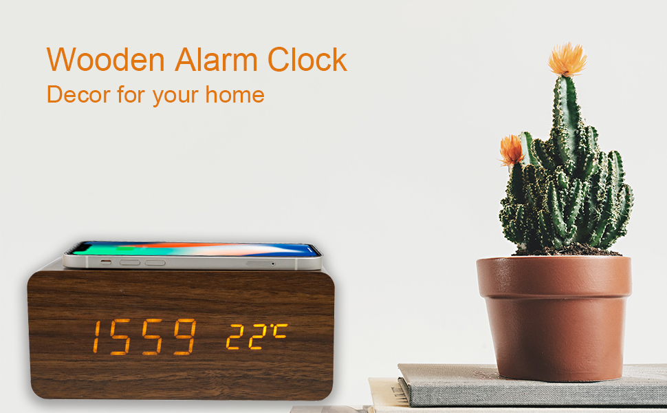Togous Wooden Digital Alarm Clock with Wireless Charging, 3