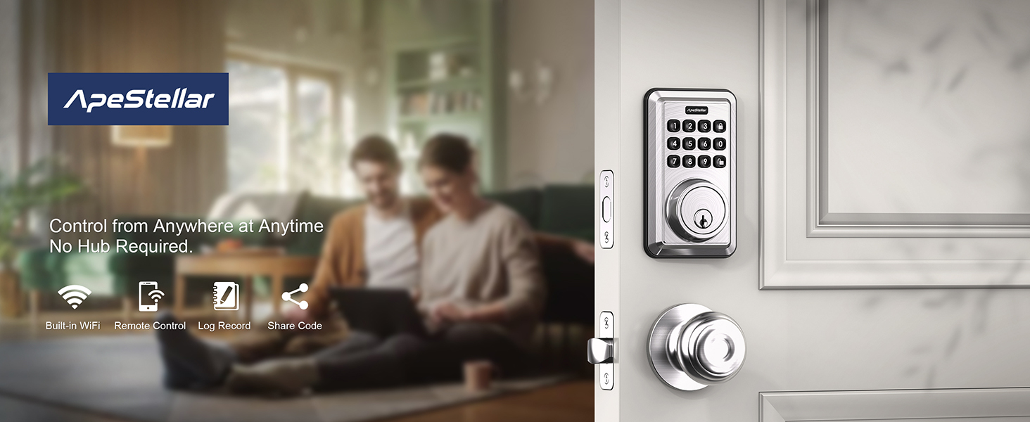 ApeStellar WiFi Smart Door Lock, Builtin WiFi Keyless Entry Door Lock