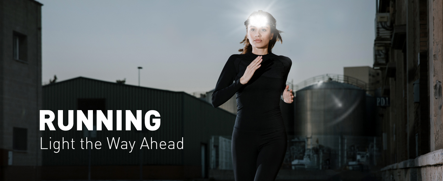 Image of a person running at night with illuminated clothing. Text overlay reads 'RUNNING Light the Way Ahead'.