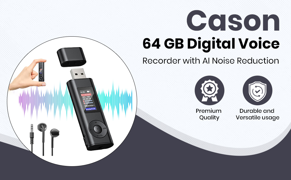 SPN-JGSP Cason 64GB Voice Recorder Device with AI Noise Reduction &amp;amp Mp3 Player with Earphones