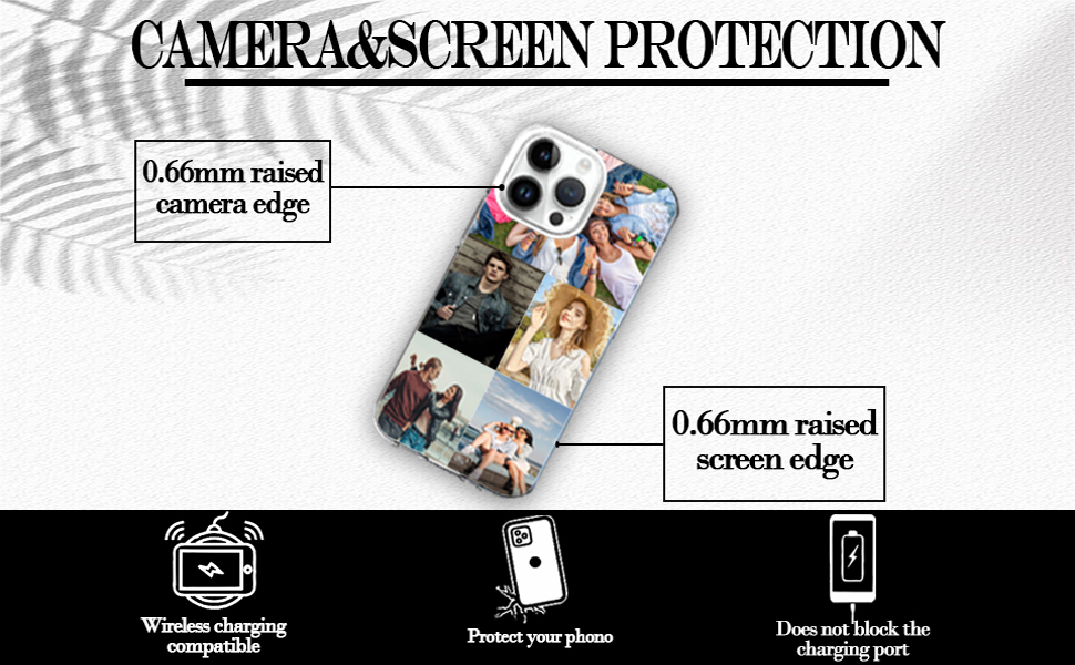 Phone case technical diagram showing 0.66mm raised edges for camera and screen protection, with wireless charging compatibility features.