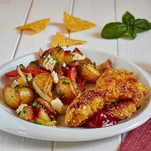 Recette de poulet à la croûte tortilla avec salade de pommes de terre rôties