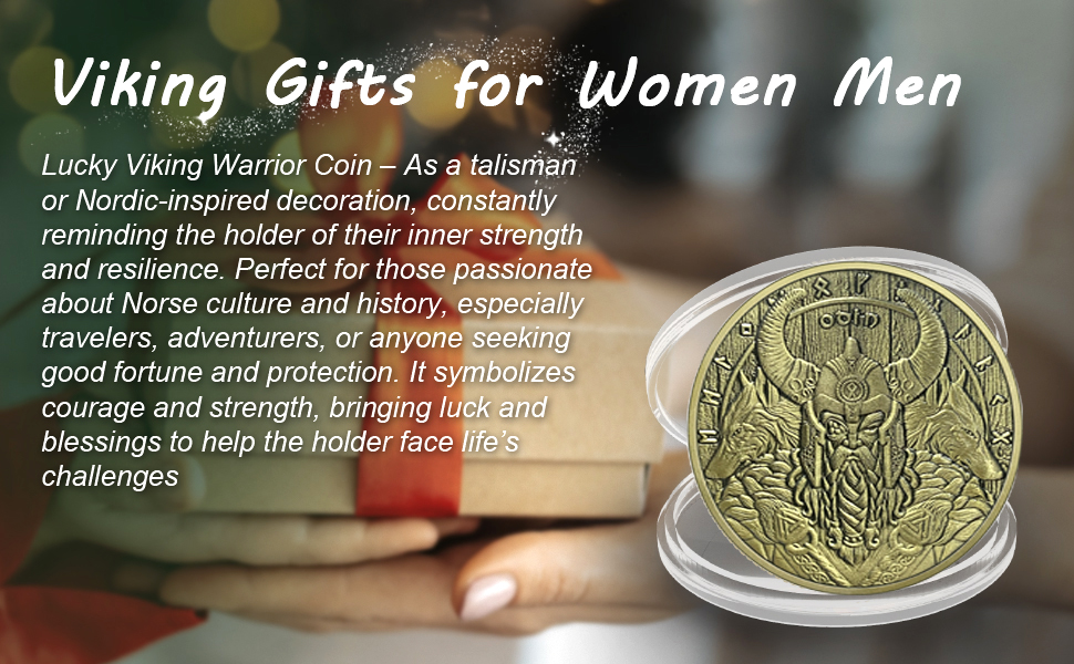 Antique-style bronze or brass coin featuring Nordic warrior design with horned helmet and text describing Viking heritage and culture