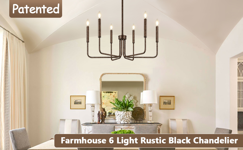 rustic black chandelier in the dining room
