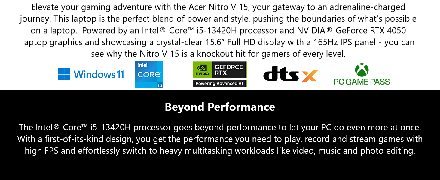 acer nitro V Intel; RTX laptop; 15.6” gaming laptop; Intel gaming laptops; DDR5; RTX 40; Creator