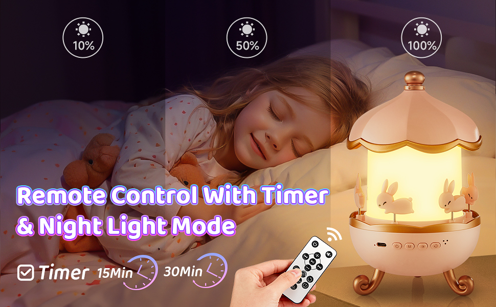 Decorative carousel-style night light with remote control, featuring timer settings of 15/30 minutes and three brightness levels of 10%, 50%, and 100%.
