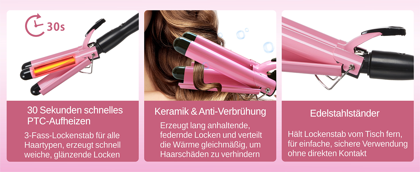 3 Fässer welleneisen, TOP4EVER lockenstab mit 3 stäben mit ...