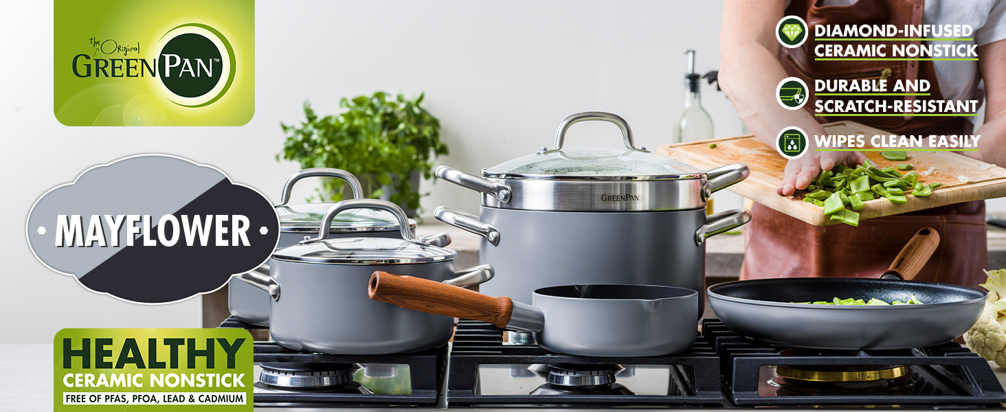 GreenPan Mayflower Pro Hard Anodized Healthy Ceramic Nonstick, 9 Piece Cookware Pots