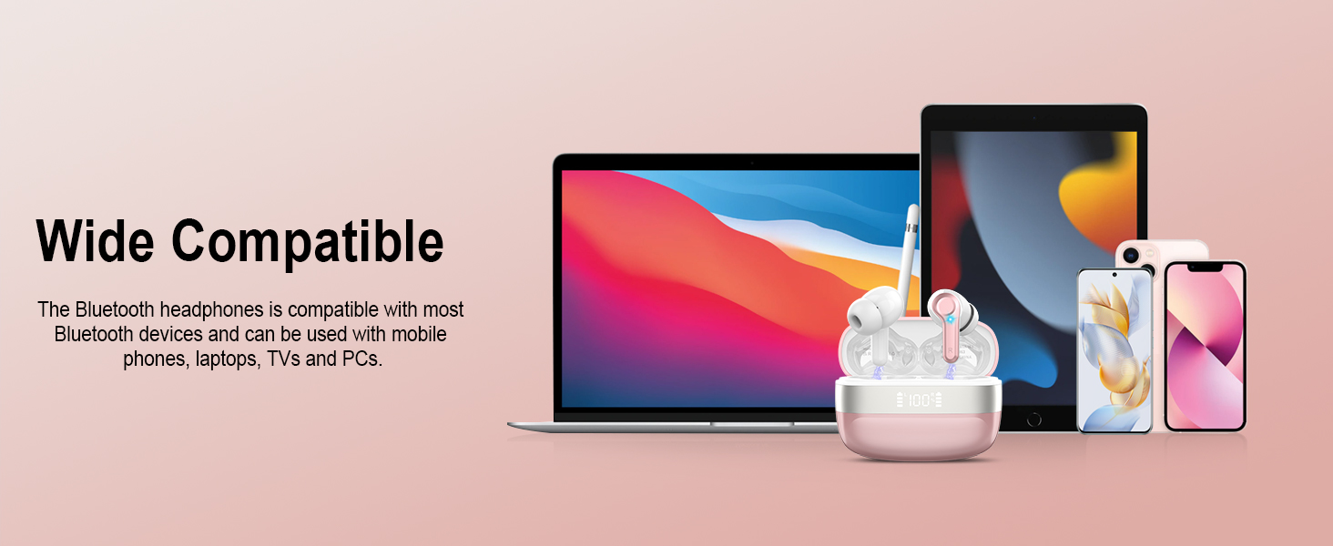 Product compatibility display showing wireless earbuds with charging case alongside MacBook, iPad, and iPhone devices against pink background.