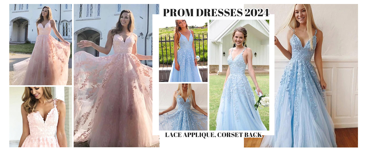 Prom Dresses for Women 2024 Long Open Back Tulle Lace Applique Evening Dresses for Women Formal