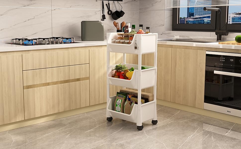 MAGINELS 3Tier Plastic Rolling Utility Cart, Storage