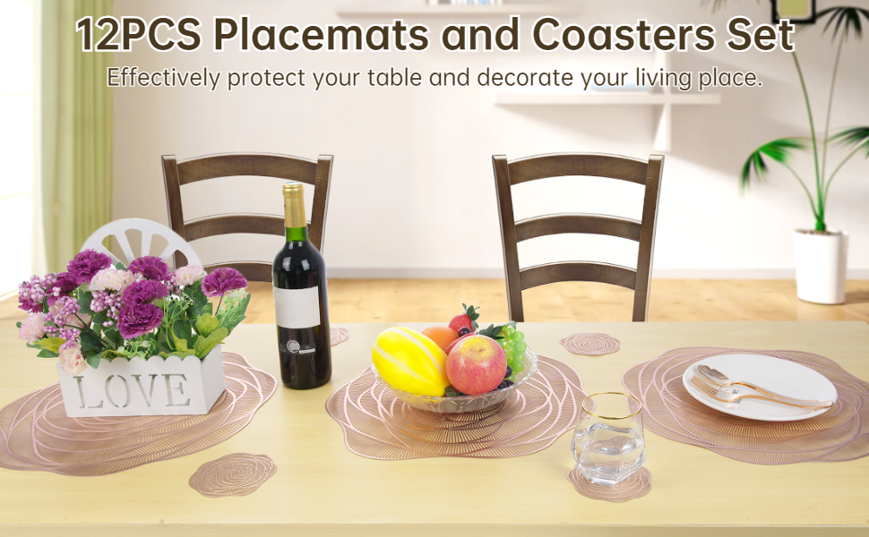 Rose Gold Placemats and Coasters Set of 6, Round Pressed Metallic Vinyl Place Mats
