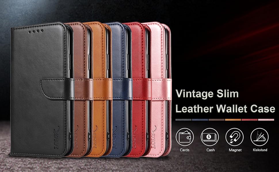 Assortment of vintage slim leather wallet cases in various colors: black, brown, tan, navy, red, and pink. Features card slots and magnetic closure.