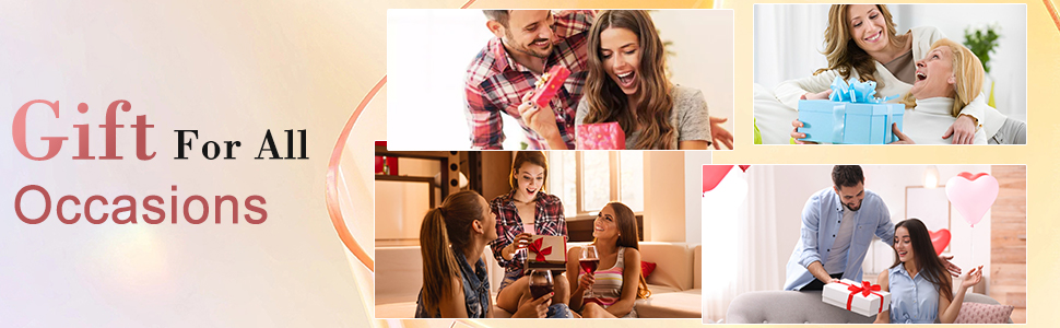 Collage of family gift-giving moments with text 'Gift For All Occasions' in pink. Multiple panels show different celebration scenarios.
