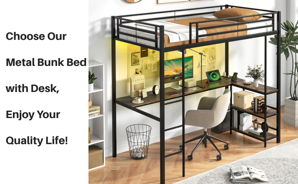 a loft bed with a desk, desk, and chair