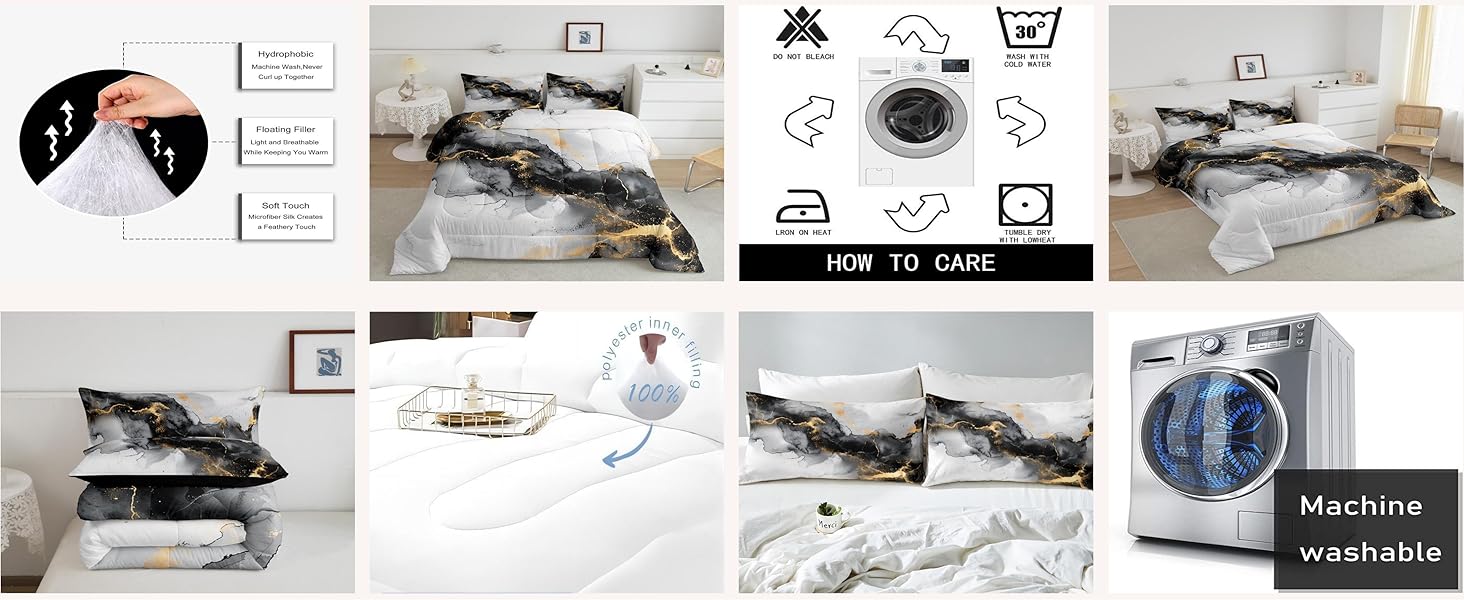 Erosebridal Black and Grey Teal King Size Comforter Set Marble