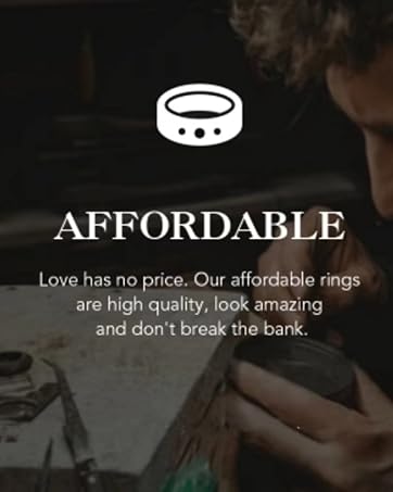Marketing image for affordable rings. Text emphasizes high quality and affordability. Blurred background shows a person's hand, possibly writing or sketching.