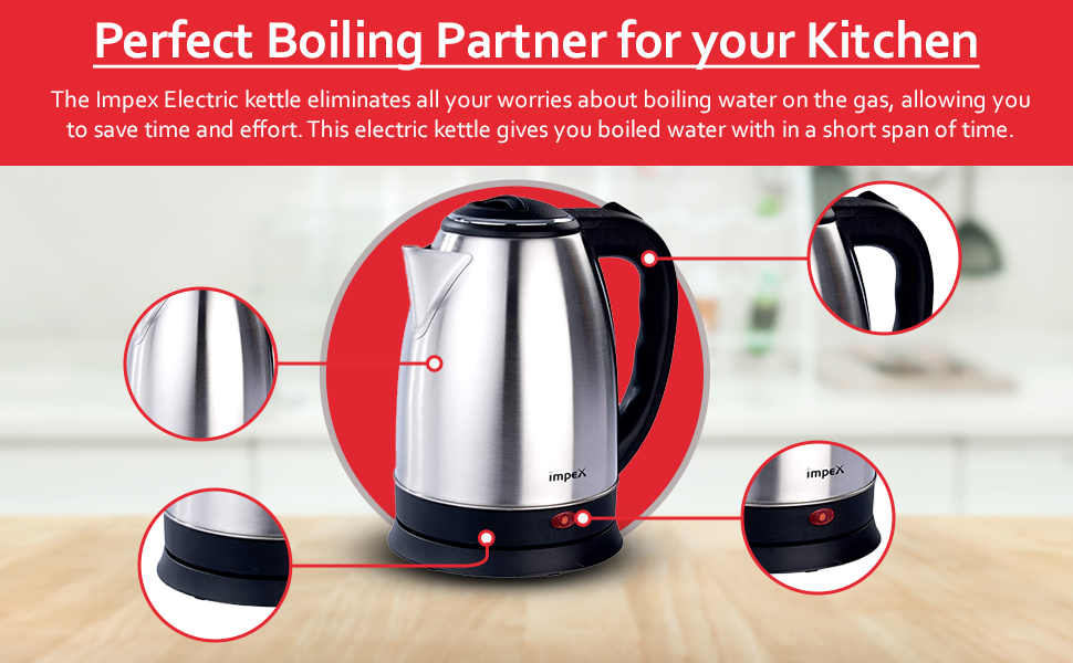 Impex Electric Kettle with Stainless Steel Body, 1.5 Litre, Used for