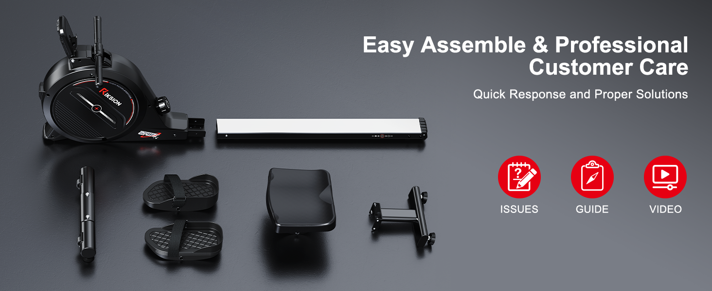 Text reads 'Easy Assemble & Professional.' Black mounting equipment components displayed on gray background with red social media icons.