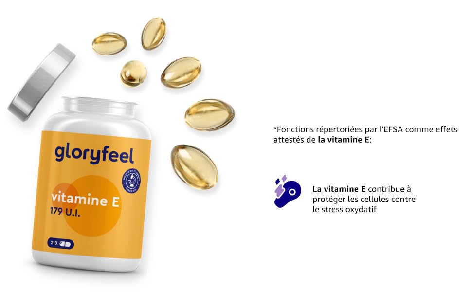 avec des capsules dorées flottant autour de lui. L'emballage du produit comporte une étiquette orange avec le nom de la marque et des informations sur les vitamines