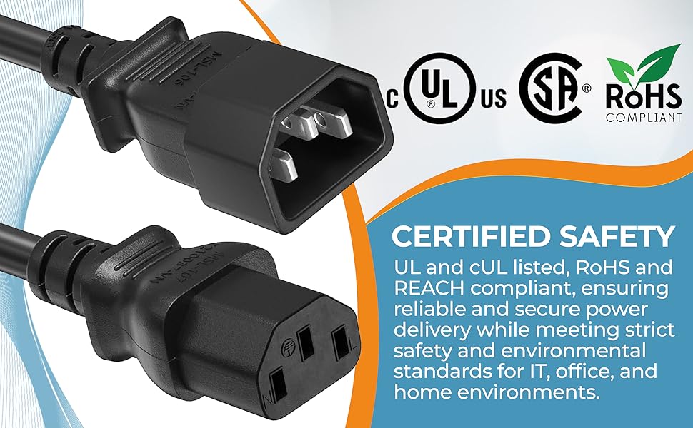 IEC-320 C13 to C14 Heavy-Duty Power Extension Cord 18 AWG 10A/250V SJT, Black